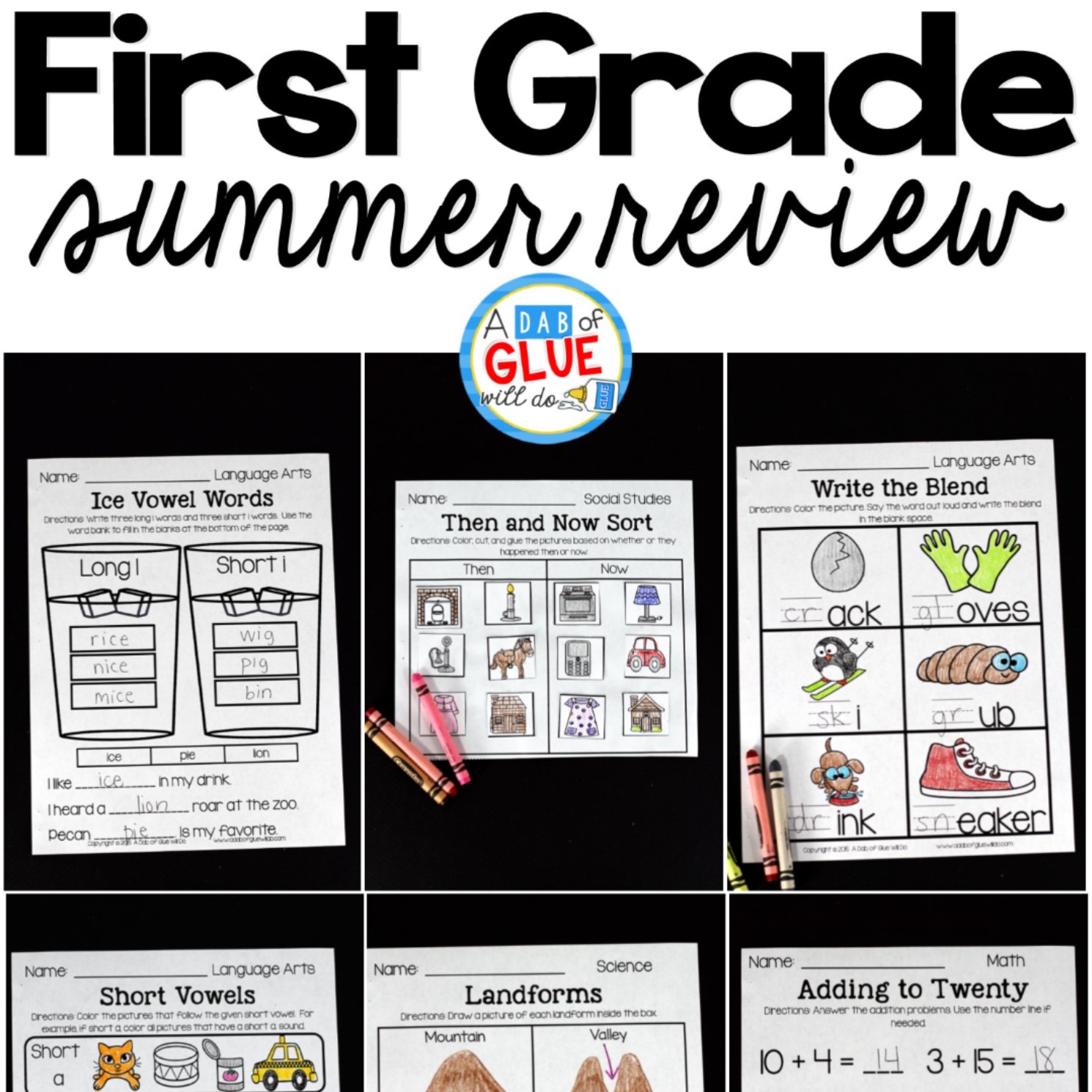 The perfect NO PREP First Grade Summer Review to help your students with hands-on learning over summer break! Give your students going into Second Grade fun review printables to help prevent the summer slide and set them up for Second Grade success.  This review is packed full of engaging homework review activities that will bring a smile to their sweet faces as they work on math, language arts, social studies, and science! Parents will enjoy the student's focus on summer homework and Second Grade teachers will LOVE their new students ready for Second Grade work.