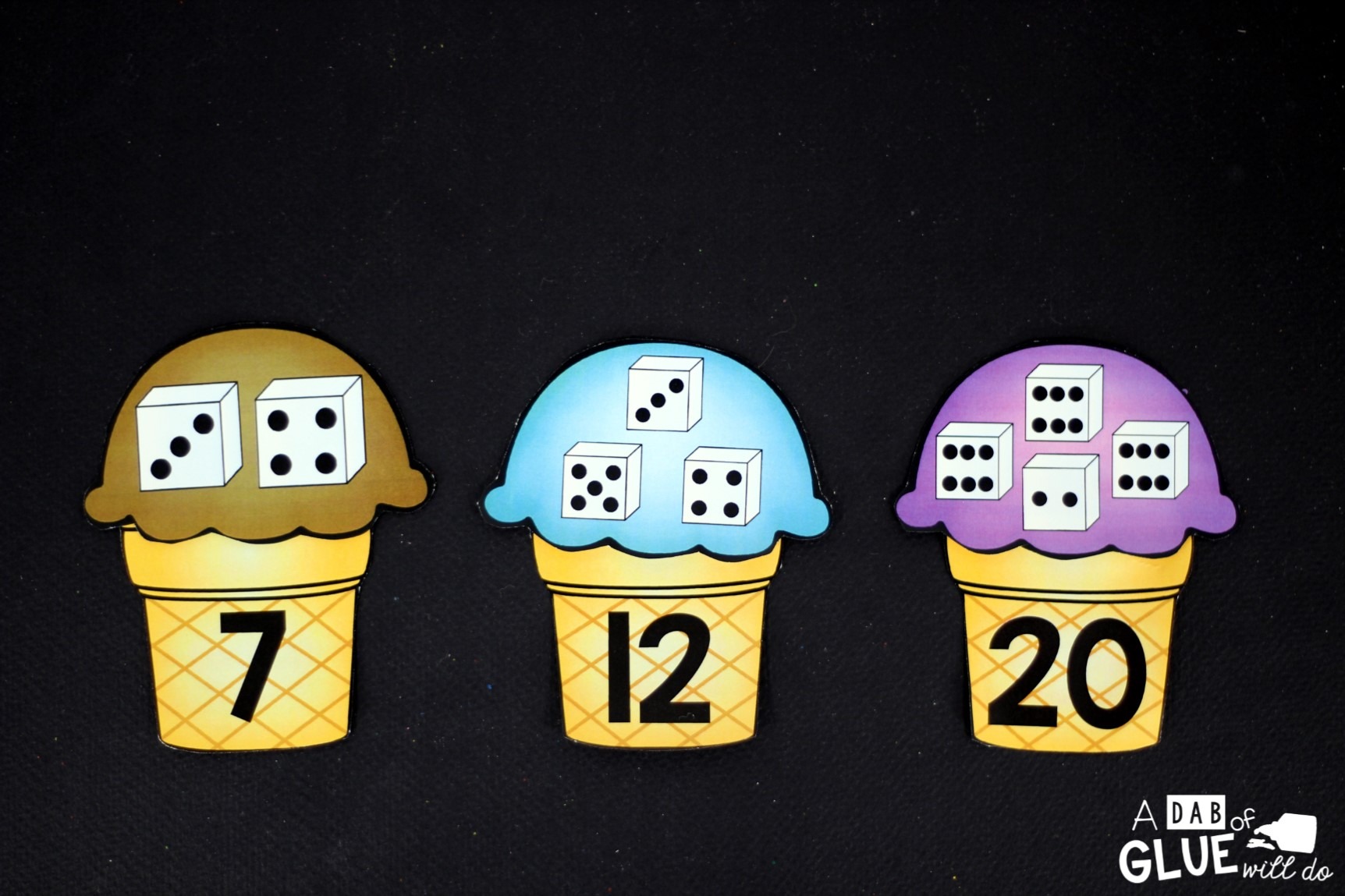 Matching Numbers with Ice Cream includes nine pages of ice cream scoops, numbers four through 20. Each ice cream cone has a number written on it and each ice cream scoop has two to four dice. Students will count the number of dots on each dice and then match it to the correctly numbered cone.