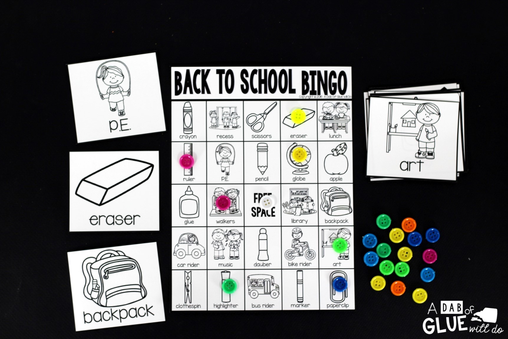 Play Bingo with your elementary age students for a fun back to school themed game! Perfect for large groups in your classroom or small review groups. Add this to your beginning of the year lesson plans with 30 unique Back to School Bingo boards! Teaching cards are also included in this fun game for young children! Black and white options available to save your color ink. 