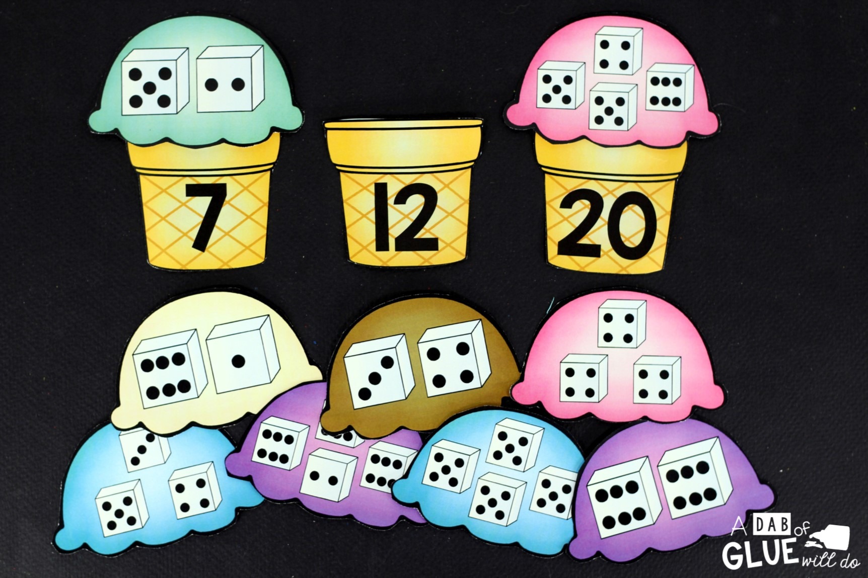 Matching Numbers with Ice Cream includes nine pages of ice cream scoops, numbers four through 20. Each ice cream cone has a number written on it and each ice cream scoop has two to four dice. Students will count the number of dots on each dice and then match it to the correctly numbered cone.