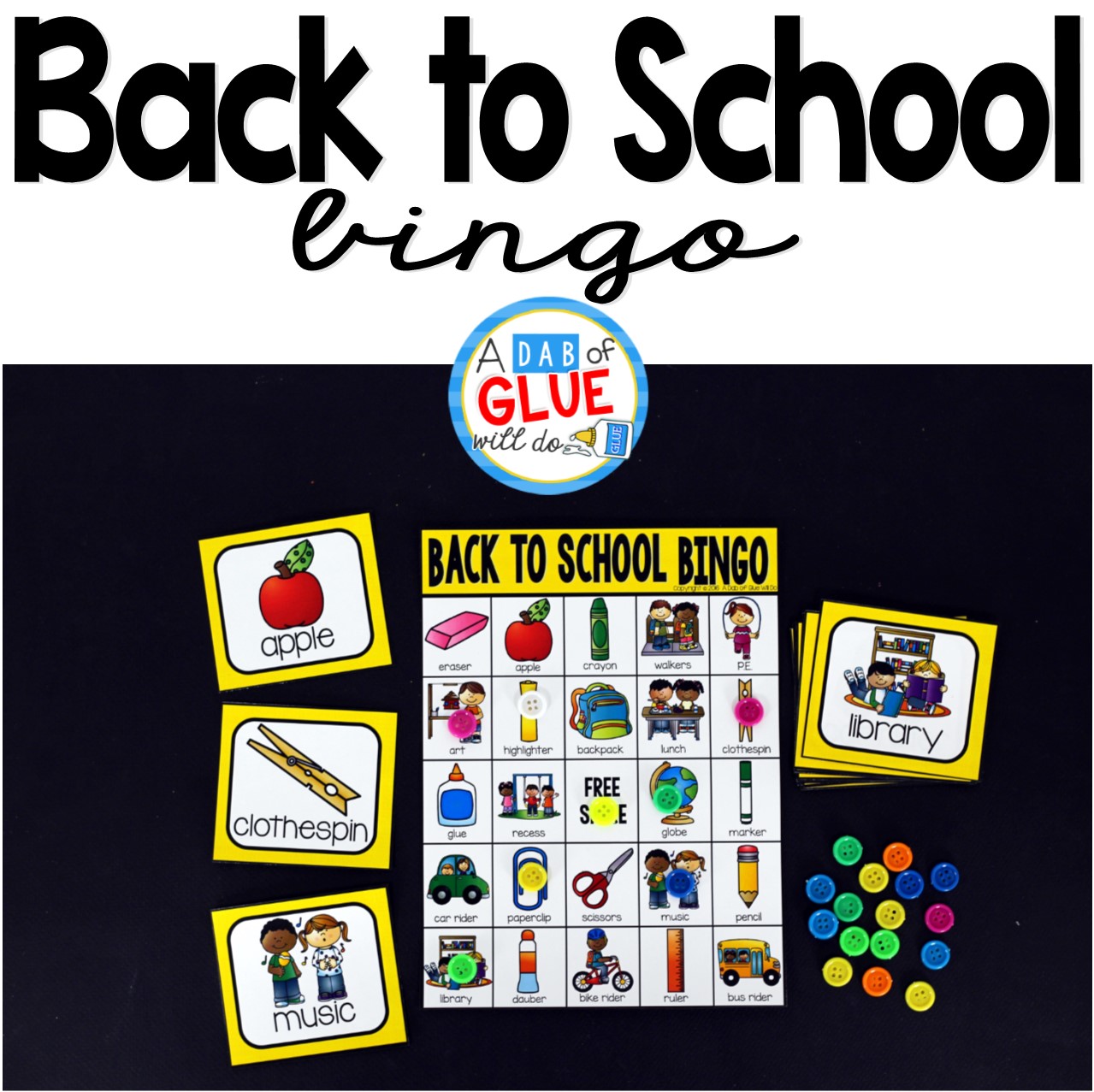 Play Bingo with your elementary age students for a fun back to school themed game! Perfect for large groups in your classroom or small review groups. Add this to your beginning of the year lesson plans with 30 unique Back to School Bingo boards!  Teaching cards are also included in this fun game for young children! Black and white options available to save your color ink.