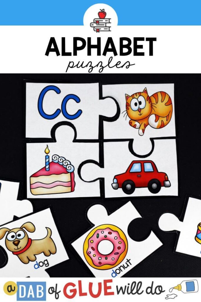 4 Piece puzzles with the upper and lowercase C on one piece, and three words that start with C on the others