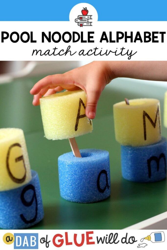 Cut up pieces of pool noodles with upper and lowercase letters written on them with sharpie