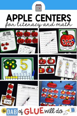 A collection of math and literacy centers that are apple themed