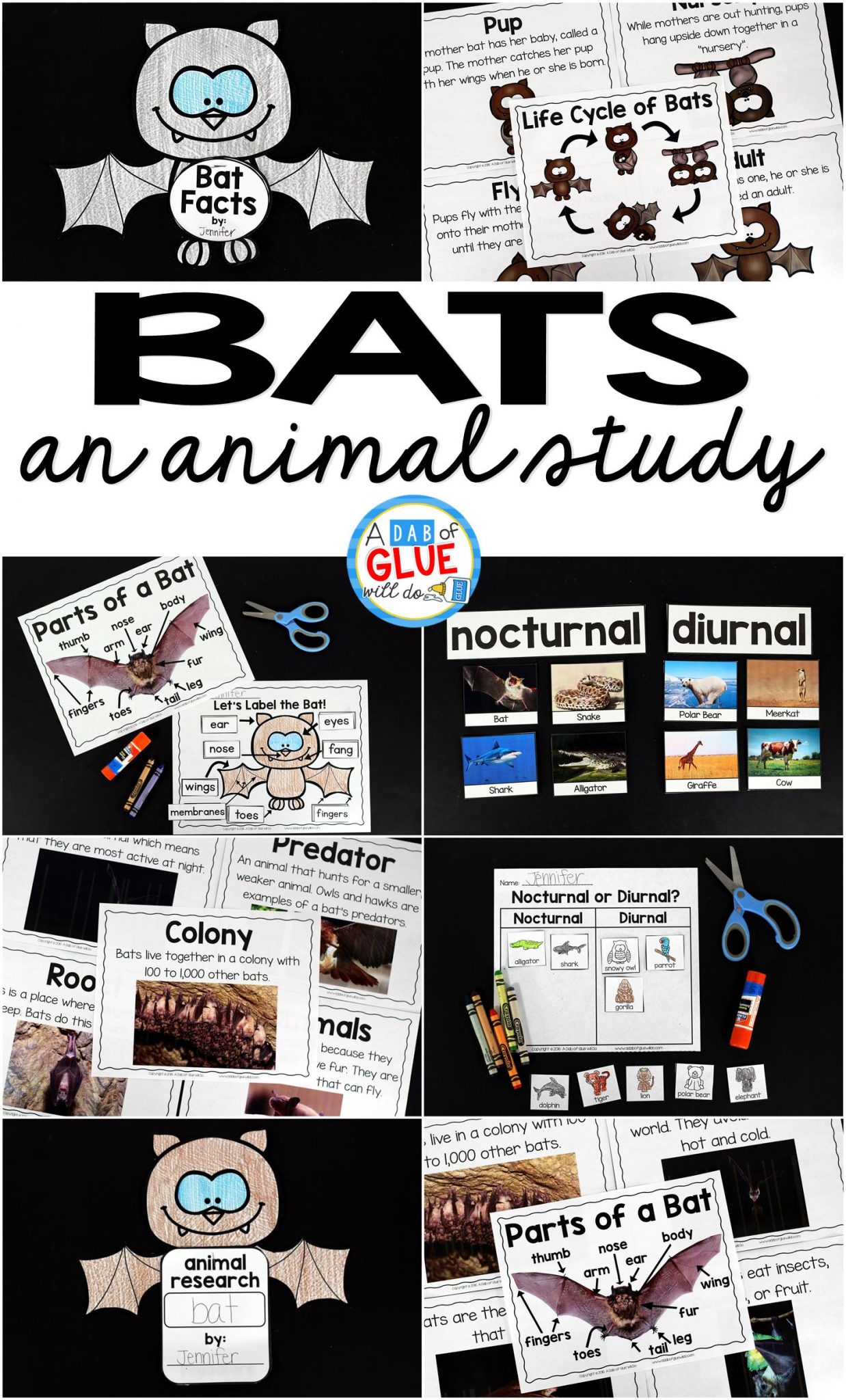 Engage your class in an exciting hands-on experience learning all about bats! Bats: An Animal Study is perfect for science in Preschool, Pre-K, Kindergarten, First Grade, and Second Grade classrooms and packed full of inviting science activities. Students will learn about the difference between bats and birds, nocurtnal and dirunal animals, parts of a bat, and a bat's life cycle. When students are done they can complete a bat research project. This pack is great for homeschoolers, kids craft activities, and to add to your unit studies!