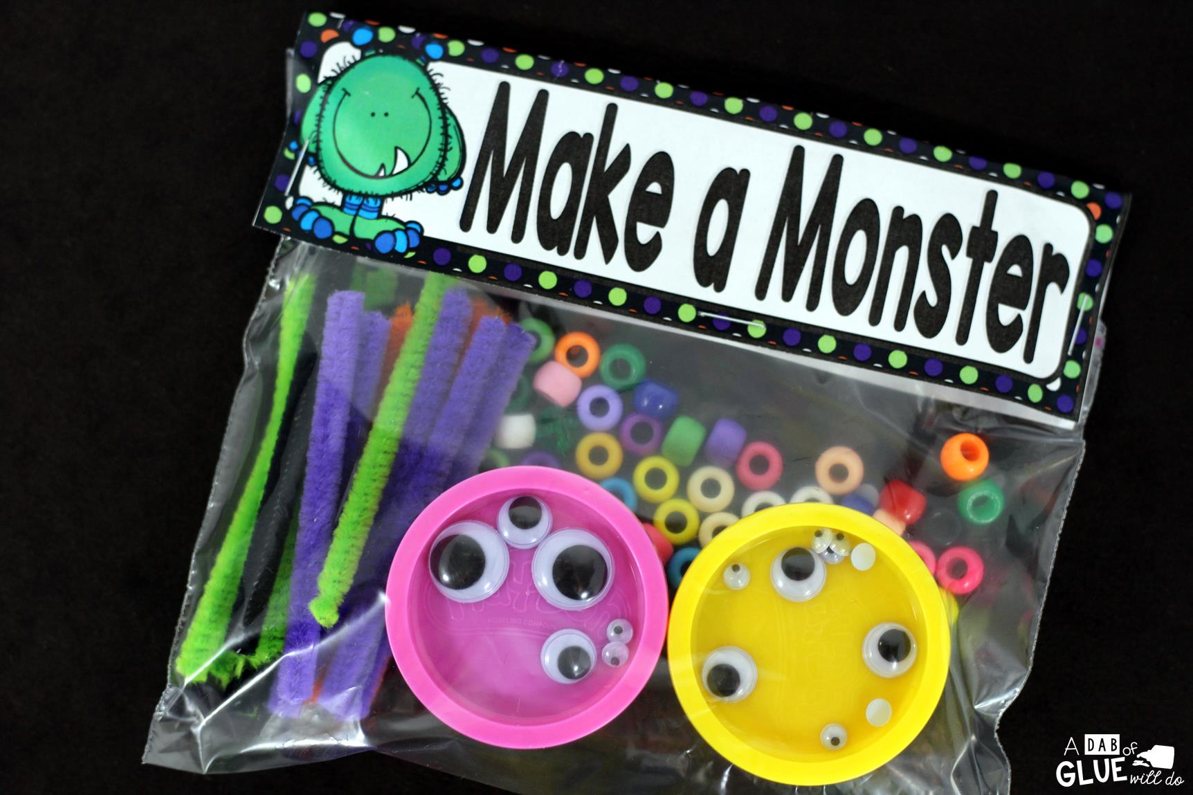 Make a Monster is the perfect candy-free Halloween gift. This activity is great for toddlers, preschoolers, and kindergarten and first grade students.