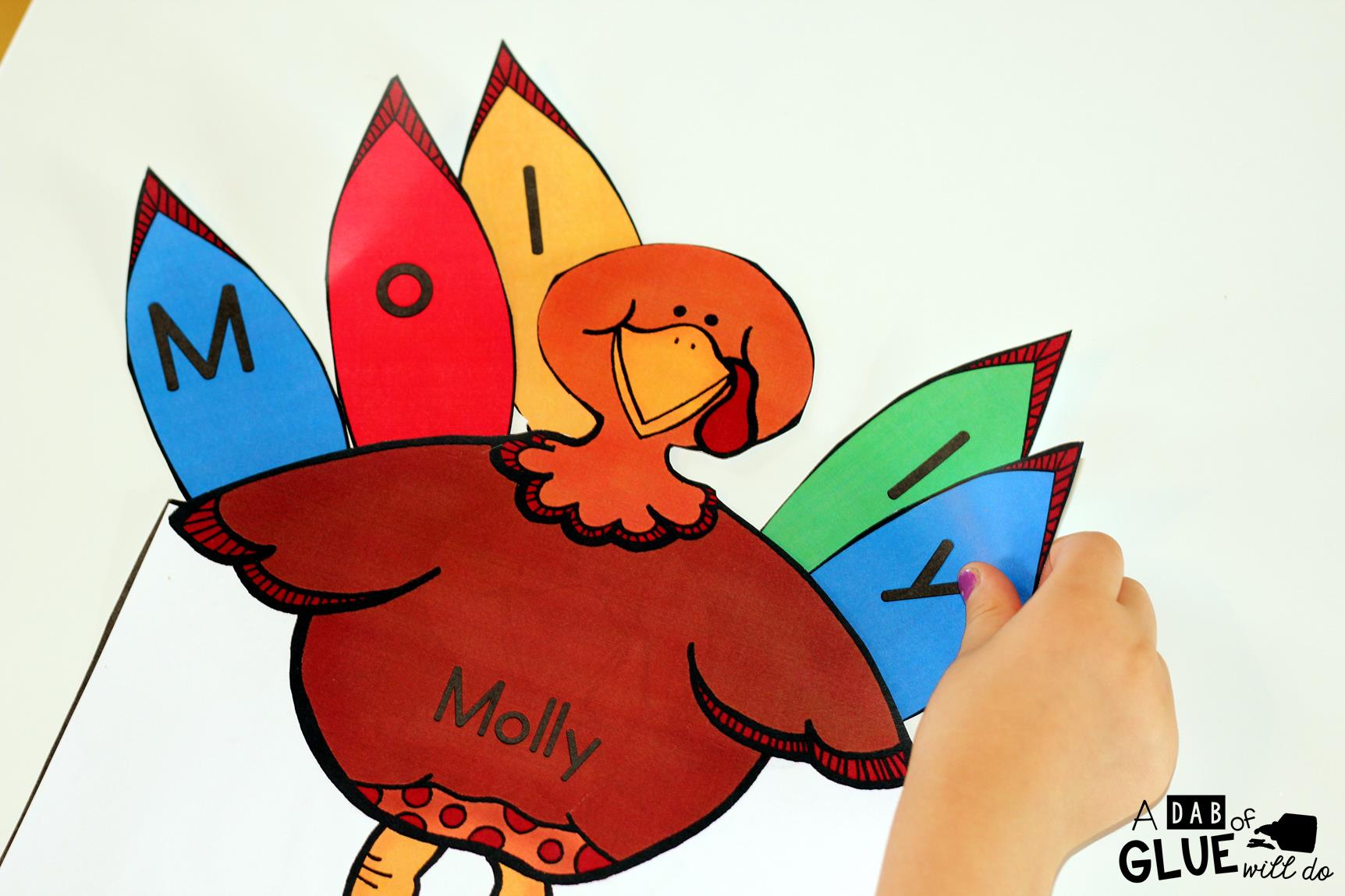 Kids get so excited to spell out their names with feathers with this Thankful Turkey Craft