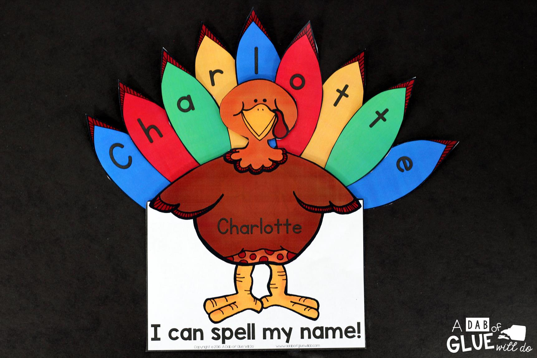 I can spell my name! Our students LOVE using this editable Turkey Names printable to learn how to write their names! Perfect thankful turkey craft for kids. 