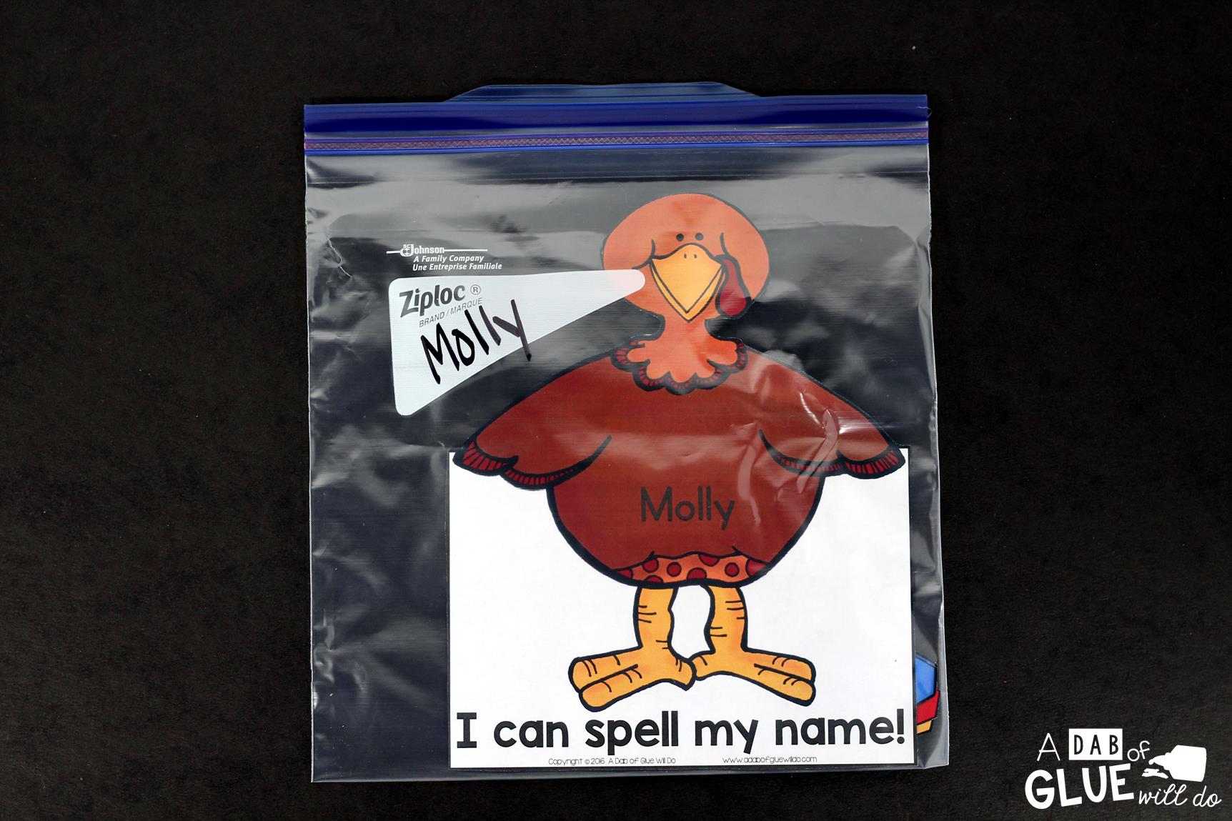 Put the Turkey Name Thankful Turkey Craft in Ziplock baggies. Our students LOVE using this editable Turkey Names printable to learn how to write their names! Perfect thankful turkey craft for kids. 