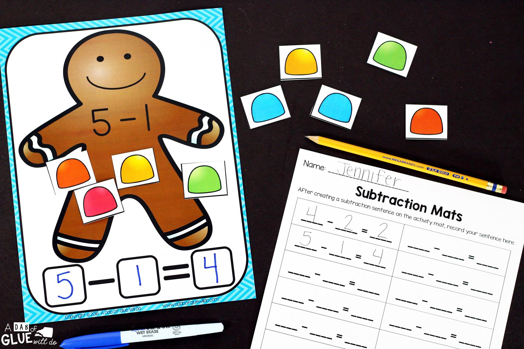Gingerbread Subtraction Mats are the perfect addition to your math centers this Christmas holiday season. This free printable is perfect for kindergarten, first grade, and second grade students. 