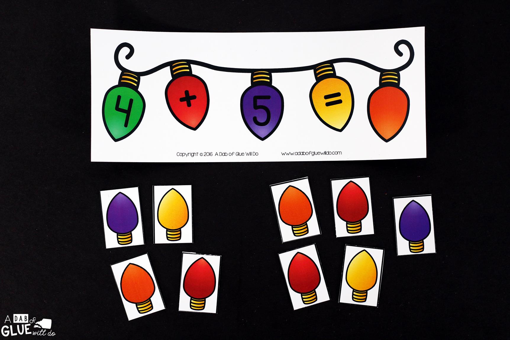 Christmas Lights Addition is the perfect addition to your math center. This free printable is perfect for kindergarten and first grade students. 