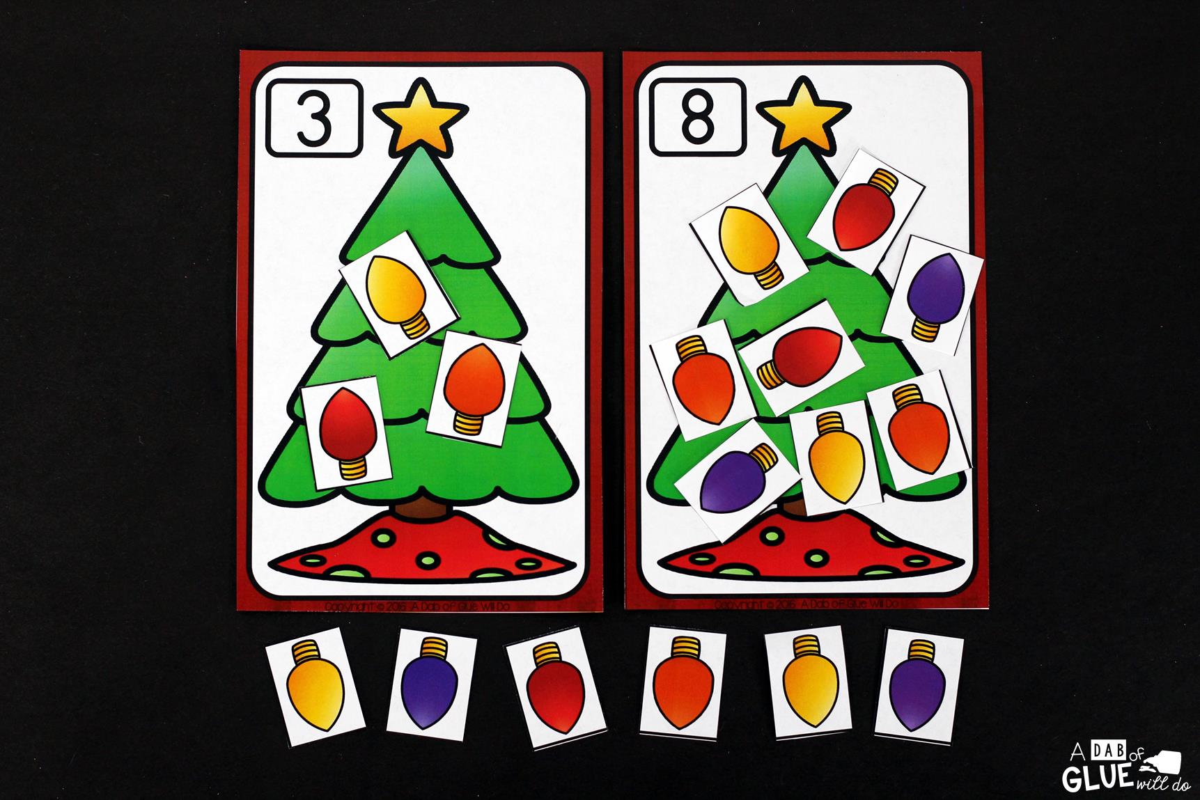 Christmas Tree Number Mats is the perfect addition to your math centers this holiday season.  This free printable is perfect for preschool, kindergarten, and first grade students. 