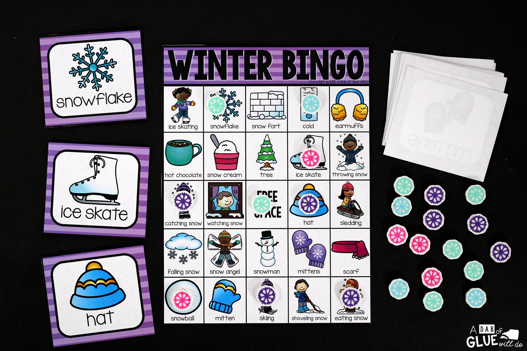 Play Bingo with your elementary age students for a fun winter themed game! Perfect for large groups in your classroom or small review groups. Add this to your winter lesson plans or winter class party with 30 unique winter Bingo boards! Teaching cards are also included in this fun game for young children! Black and white options available to save your color ink.