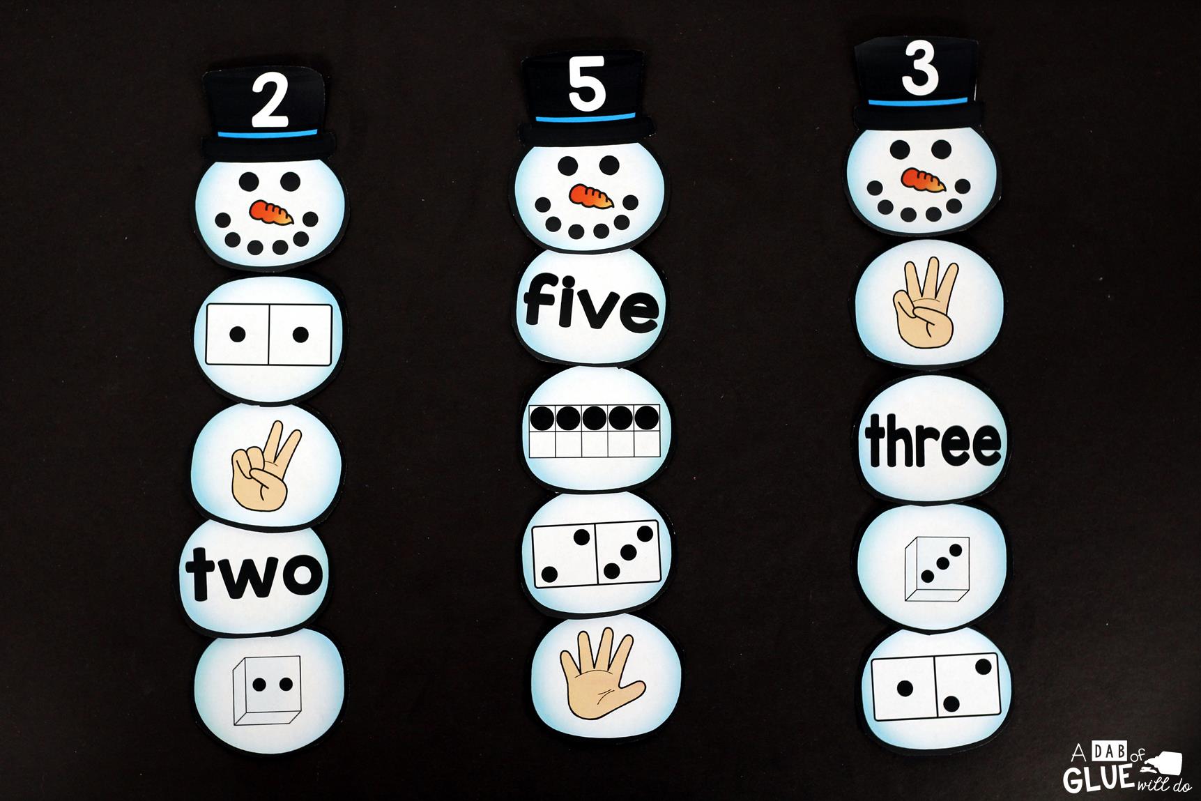 Snowman Number Match Printable is a great addition to your math centers this winter season. This free printable is perfect for preschool, kindergarten, and first grade students.  