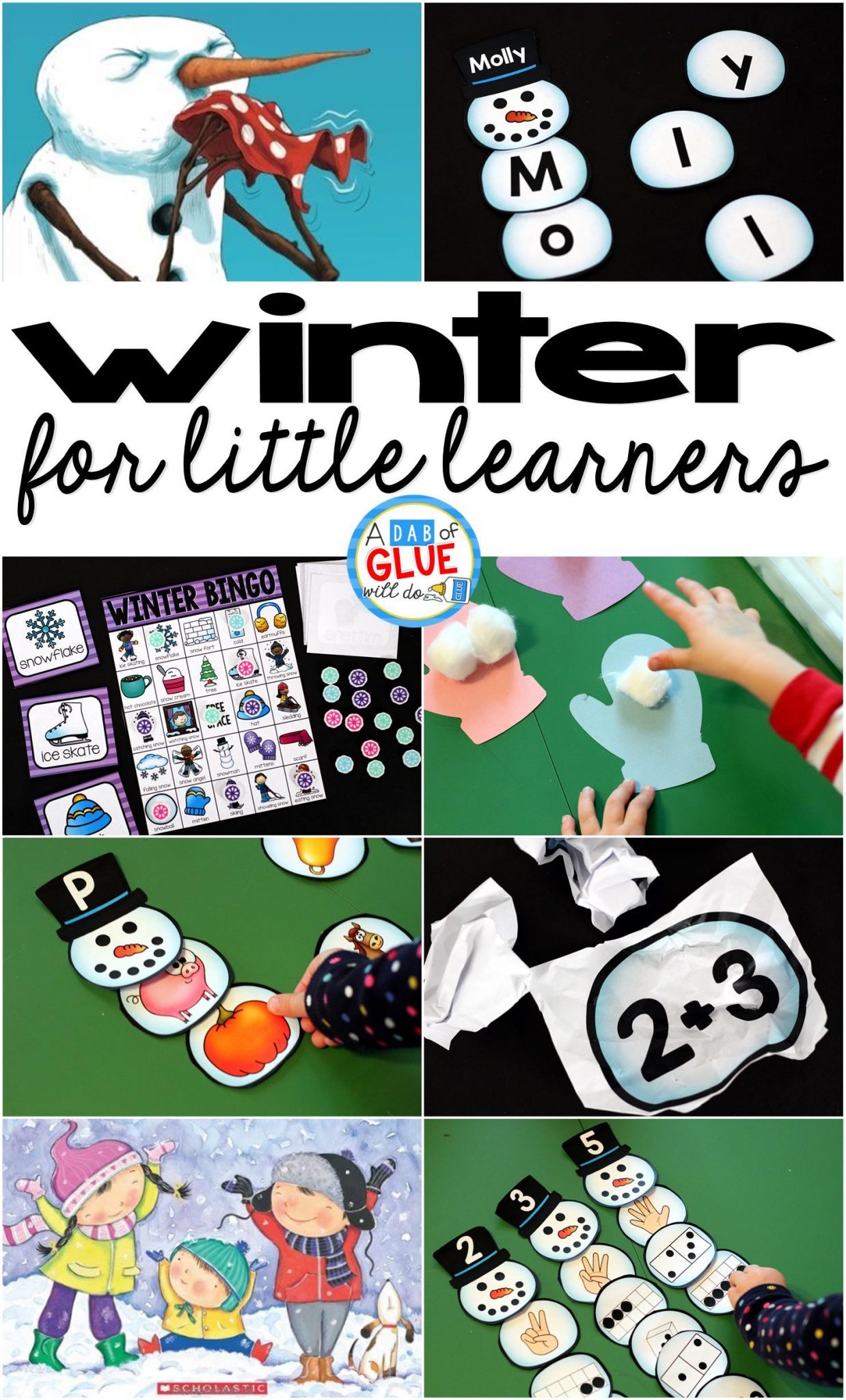 There are so many different winter activities that you can do at home or in the classroom. This page allows you to quickly see our favorite winter ideas, activities and printables that have been featured on A Dab of Glue Will Do.