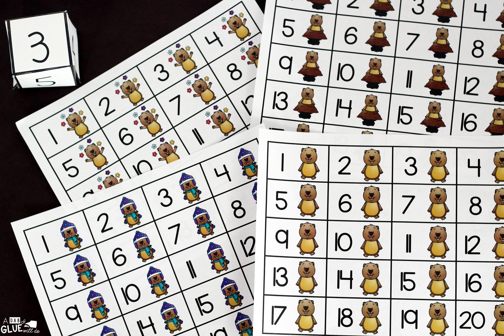 Groundhog First to Twenty Math Game is the perfect addition to your math centers this February. This free printable is great for preschool, kindergarten, and first grade students. 