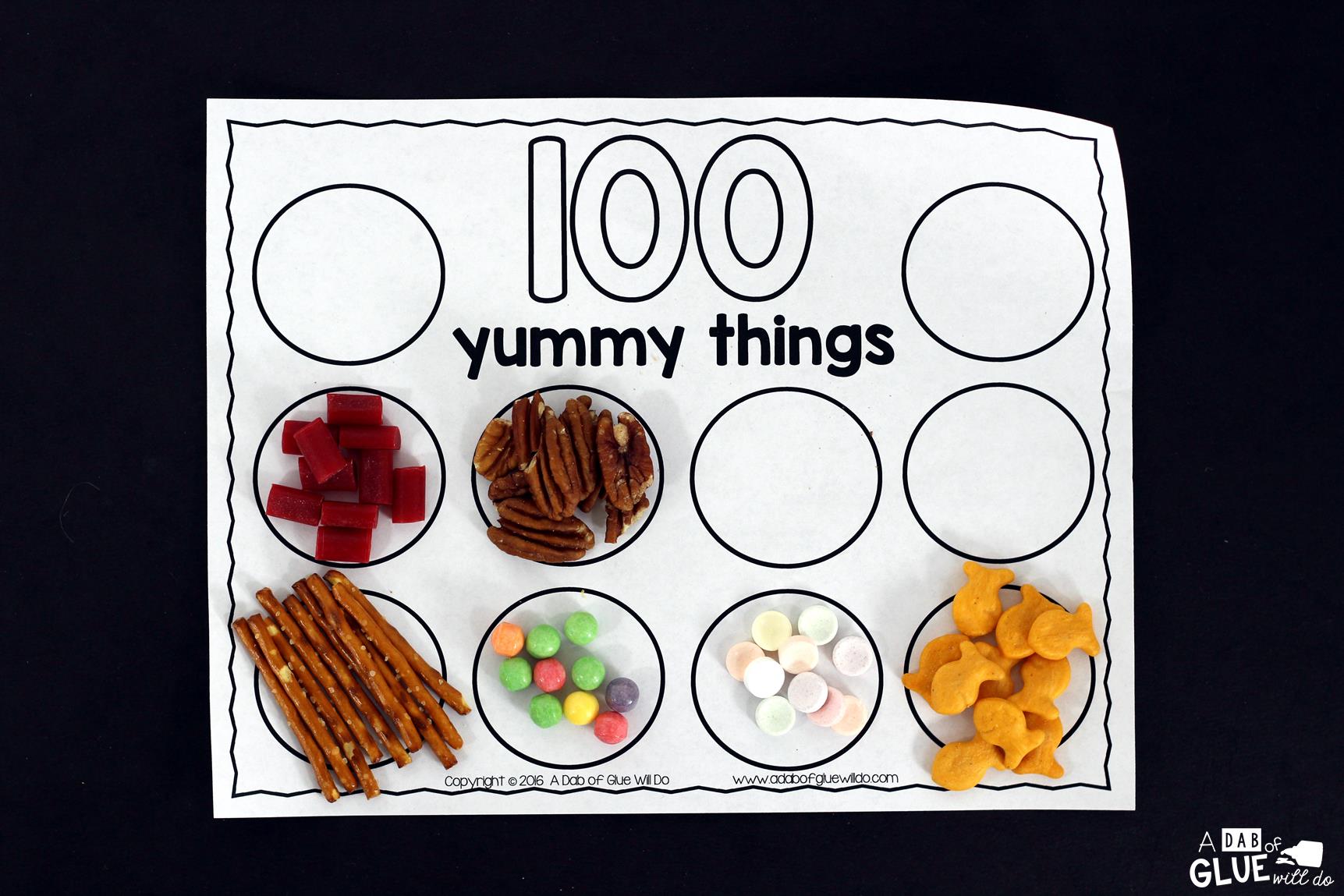 100 Yummy Things is the perfect addition to your 100th day of school celebrations. This free printable will encourage your students to practice counting to 100. It's perfect for preschool, kindergarten, and first grade students.