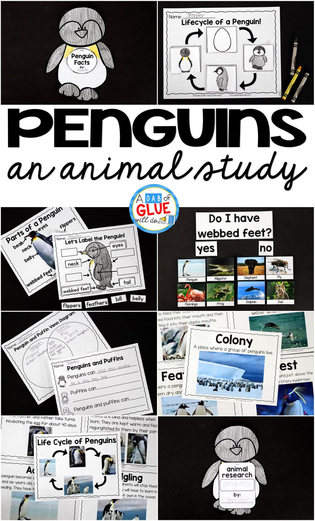 Engage your class in an exciting hands-on experience learning all about penguins! This Penguin Animal Study is perfect for science in Preschool, Pre-K, Kindergarten, First Grade, and Second Grade classrooms and packed full of inviting science activities. Students will learn about the difference between penguins and puffins, animals with and without webbed feet, parts of a penguin, and a penguin's life cycle. When students are done they can complete a penguin research project. This pack is great for homeschoolers, kids craft activities, and to add to your unit studies!
