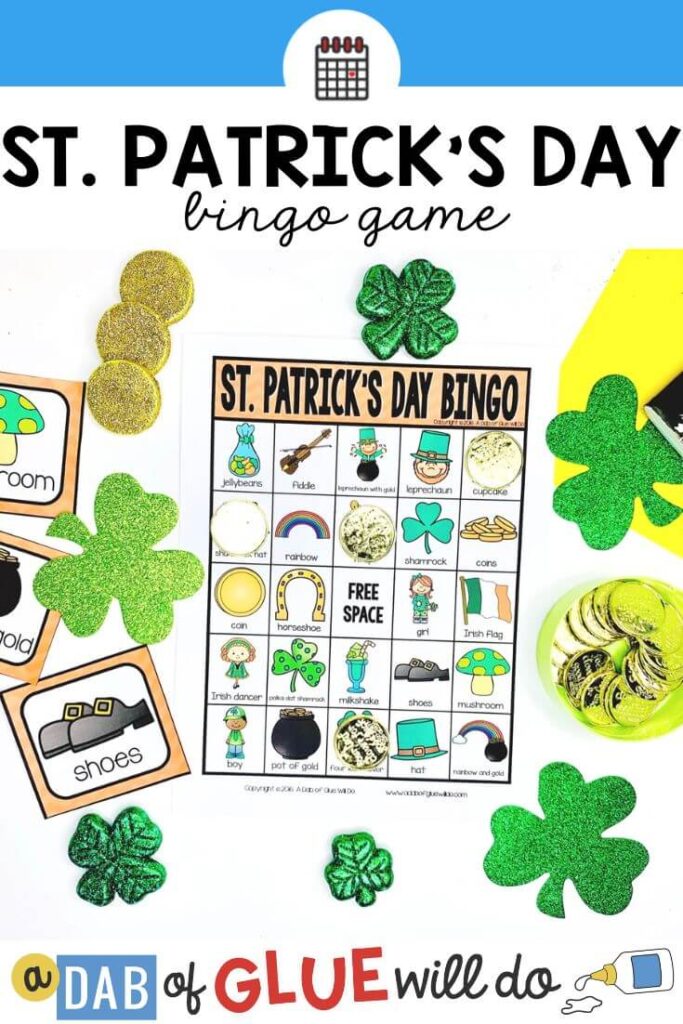 A St. Patrick's Day bingo game board and calling cards.