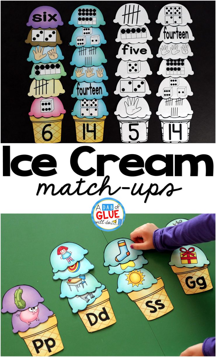 Make learning fun with these themed Initial Sound and Number Match-Ups. Your elementary age students will love this fun ice cream themed literacy center and math center! Perfect for literacy stations, math stations, or small review groups all year long. Use in your Preschool, Kindergarten, and First Grade classrooms. Black and white options available to save your color ink.