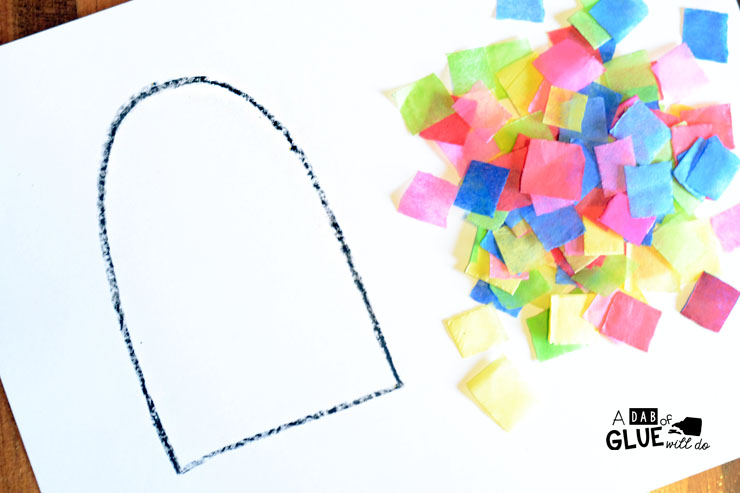 One of the first things my kids think about as soon as the weather warms up is popsicles! So we just couldn't help but make this fun, colorful popsicle fine motor craft. There is a lot of fine motor work involved in pulling, grasping, and sticking the brightly colored tissue paper squares onto the paper.