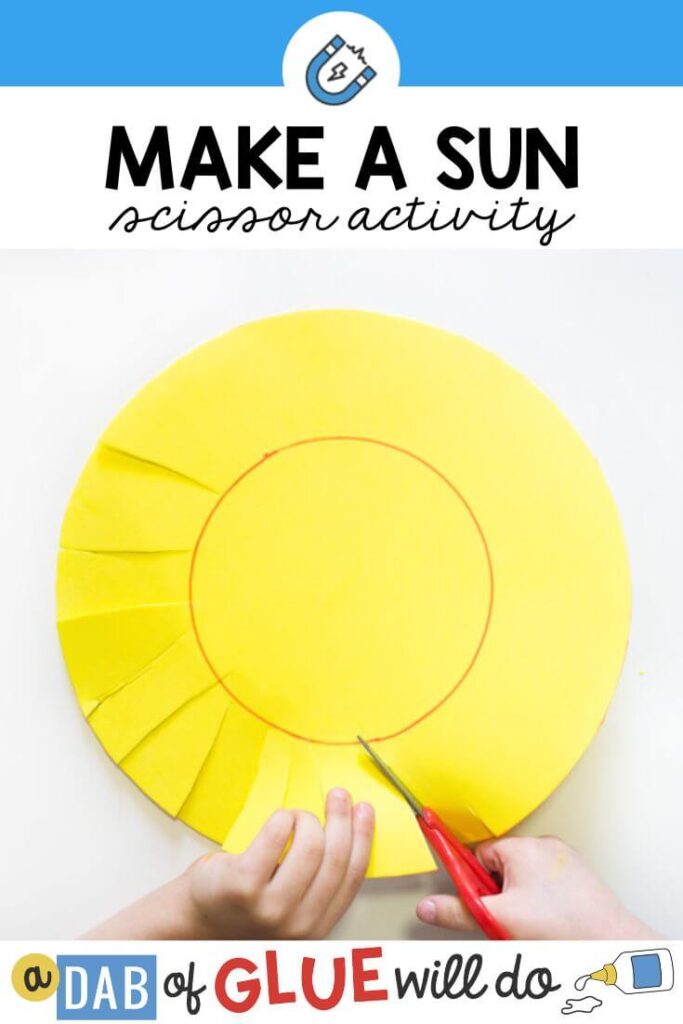 A child cutting the outside of a paper yellow circle to make a sun