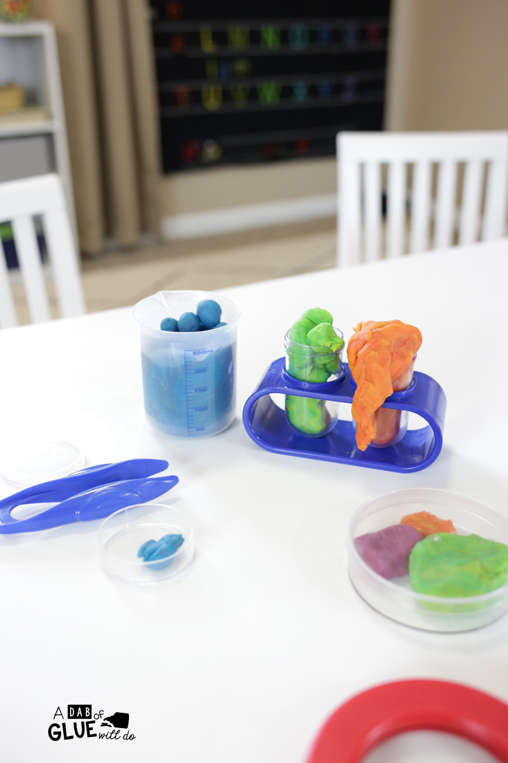 Play dough activities are practically written into our preschool curriculum. We love to stamp letters into play dough, create interesting new animals, squeeze it through play dough extruders, and even give it as gifts! This play dough science activity is one part dramatic play, one part science, and a whole lot of fun!