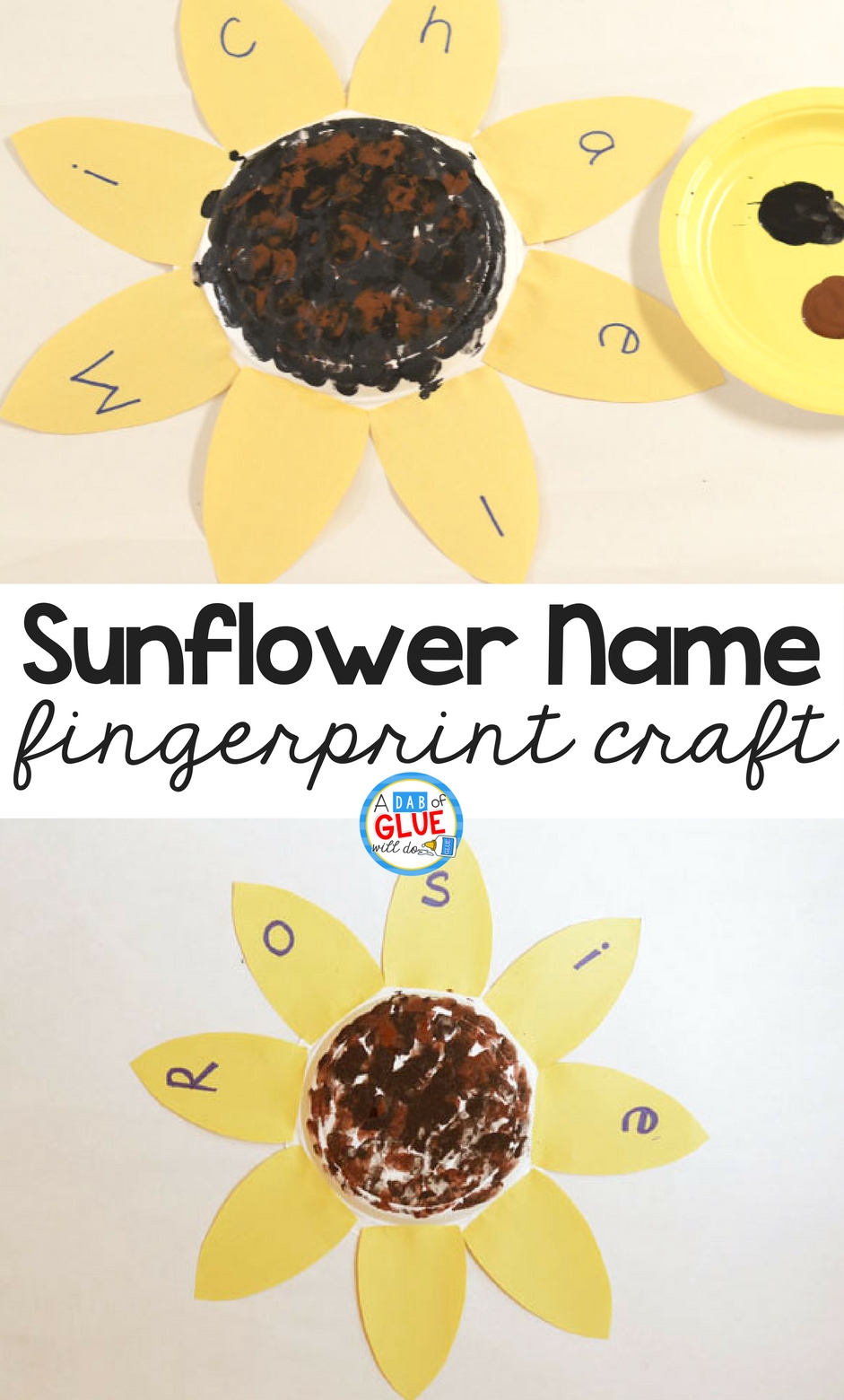When I think of back-to-school season I usually think of apples, but my favorite August and September symbol is the sunflower. The first day of school often involves learning names too, so I thought a sunflower name and fingerprint craft would be great to along with introductions during the beginning of a new school year.