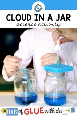 children using droppers with water and food coloring in mason jars with a sponge to do this cloud in a jar science experiment