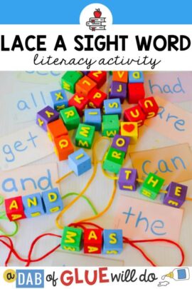 letter cubes being strung on string to spell sight words