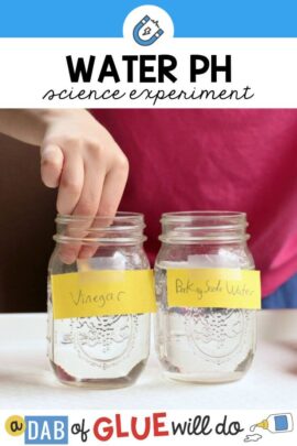 A science experiment for kids for testing water pH using water and different ingredients in jars