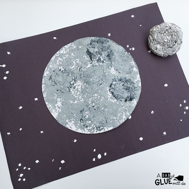 I have a space-obsessed kid in my house, so we love to do space crafts around here, and my son was very excited to do this moon craft! We made it extra fun and experimented with a different way to paint by making it foil-printed. This craft is great for preschool, kindergarten, first grade, or even older kids. It would also be a great art extension during a space theme in the classroom.