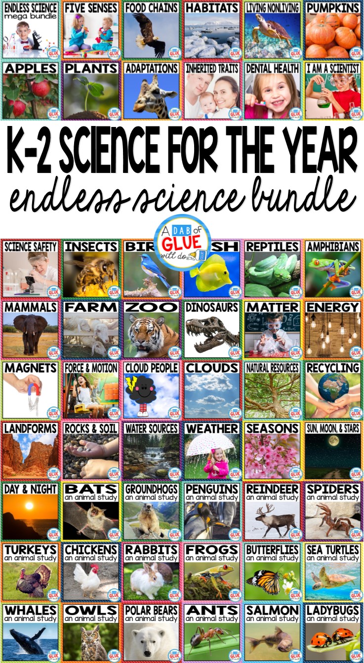 Engage your class in an exciting hands-on experience learning all about science! Endless Science Mega {Growing} Bundle is perfect for science in Preschool, Pre-K, Kindergarten, First Grade, and Second Grade classrooms and packed full of inviting science activities. Excite your learners with the study of Life Science, Physical Science, Earth Science, and Animal Studies. These studies are perfect for any time of the year. This is a GROWING SCIENCE BUNDLE that will have your students learning all about: 21 life science topics, 4 physical science topics, 11 earth science topics, and 17 animal science topics. That is a TOTAL OF 53 SCIENCE TOPICS covered in one mega bundle. This pack is great for homeschoolers, kids craft activities, and to add to your unit studies!