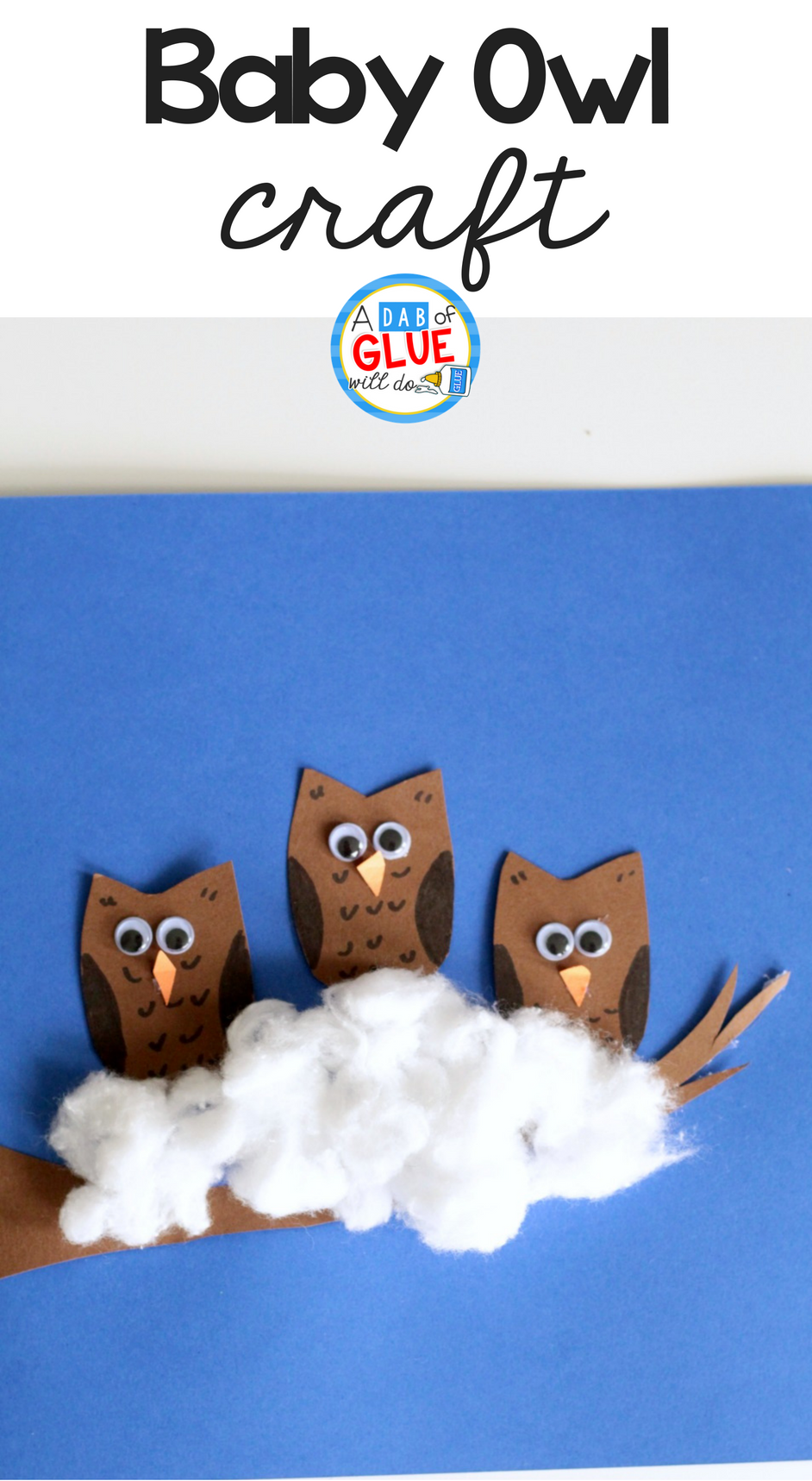 You can use this fun cotton ball owl babies craft when studying owls, the letter O, fall creatures, forest creatures, or birds! The simplicity of the craft makes it ideal for the classroom, but it is still cute enough to display with pride. 