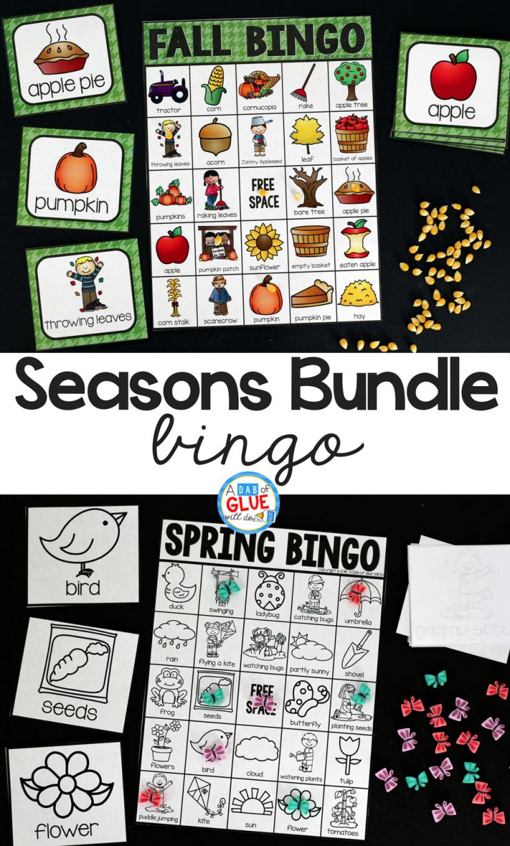 Play Bingo with your elementary age students through the seasons with these a fun season themed game! Seasons Bingo Bundle is perfect for large groups in your classroom or small review groups. Add this to your lesson plans or class party with 30 unique fall, winter, spring, and summer boards! Teaching cards are also included in this fun game for young children! Black and white options available to save your color ink. 
