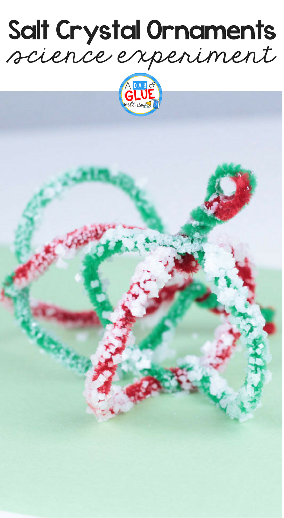 After doing the salt crystal ornament science experiment and learning about the science, kids can take the ornaments home and hang them on their Christmas trees at home, or you can use them in the classroom to decorate for the holidays.
