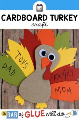 A turkey craft made from cardboard for Thanksgiving.