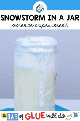 A jar overfilling with white liquid as part of this science experiment