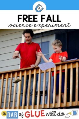 A child and an adult dropping items off a balcony during this free fall science experiment