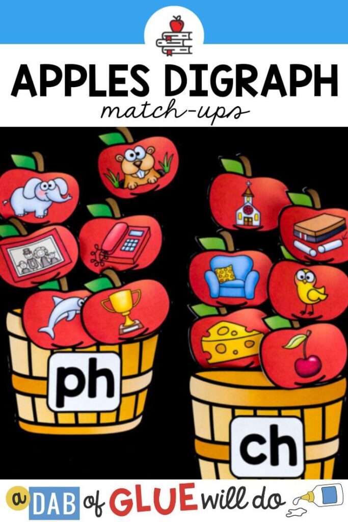 Paper apple baskets with digraphs on each one with apple picture cards on top, sorted by digraph.