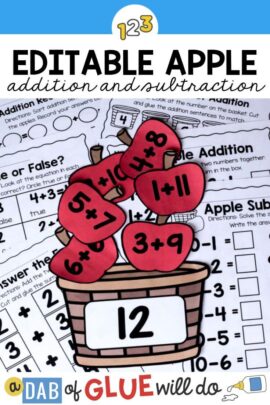 Apple basket match ups with addition and subtraction equations on apples