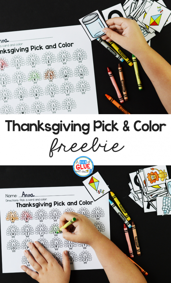 This Thanksgiving pick and color printable helps young readers to connect printed text to spoken language as they build their letter recognition and sounds.