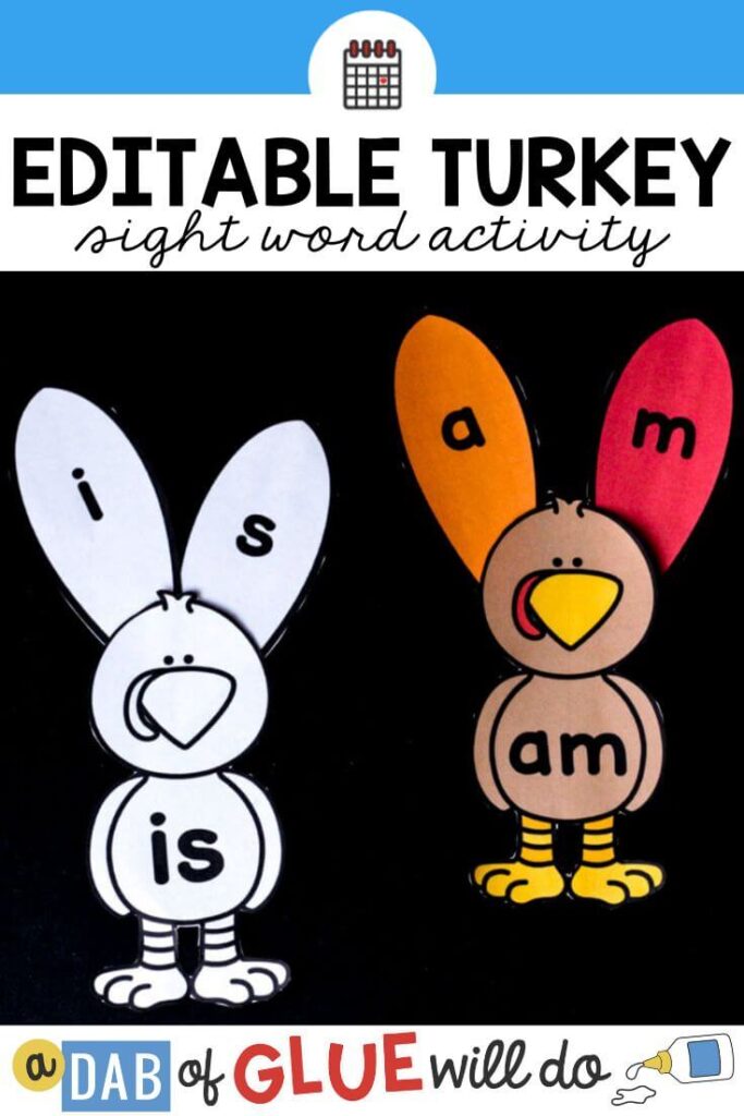 Turkeys in both black & white and color spelling out sight words to help kids learn to spell