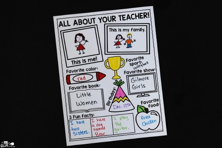 Overhead shot of the "All About Your Teacher" worksheet filled out.