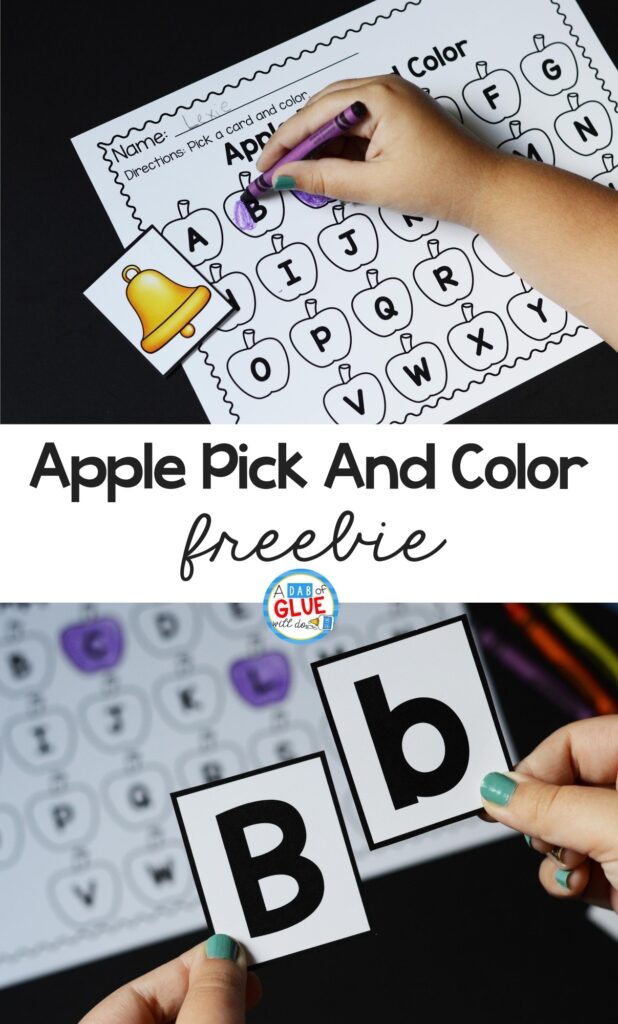 Apple pick and color free printable Pinterest image.