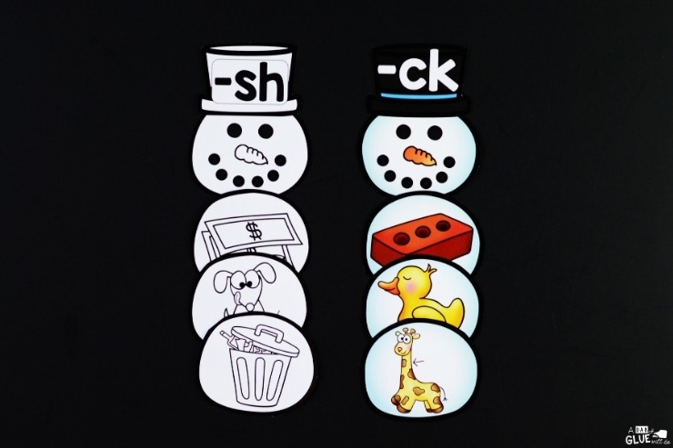 A black and white snowman digraph match-up for "-sh" next to a color snowman digraph match-up for "-ck".