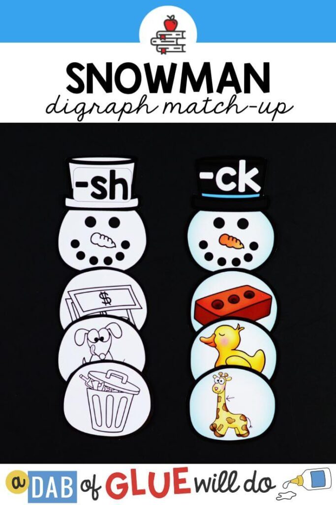 Paper snowmen with digraphs -sh and -ck on the hats with the rest of the