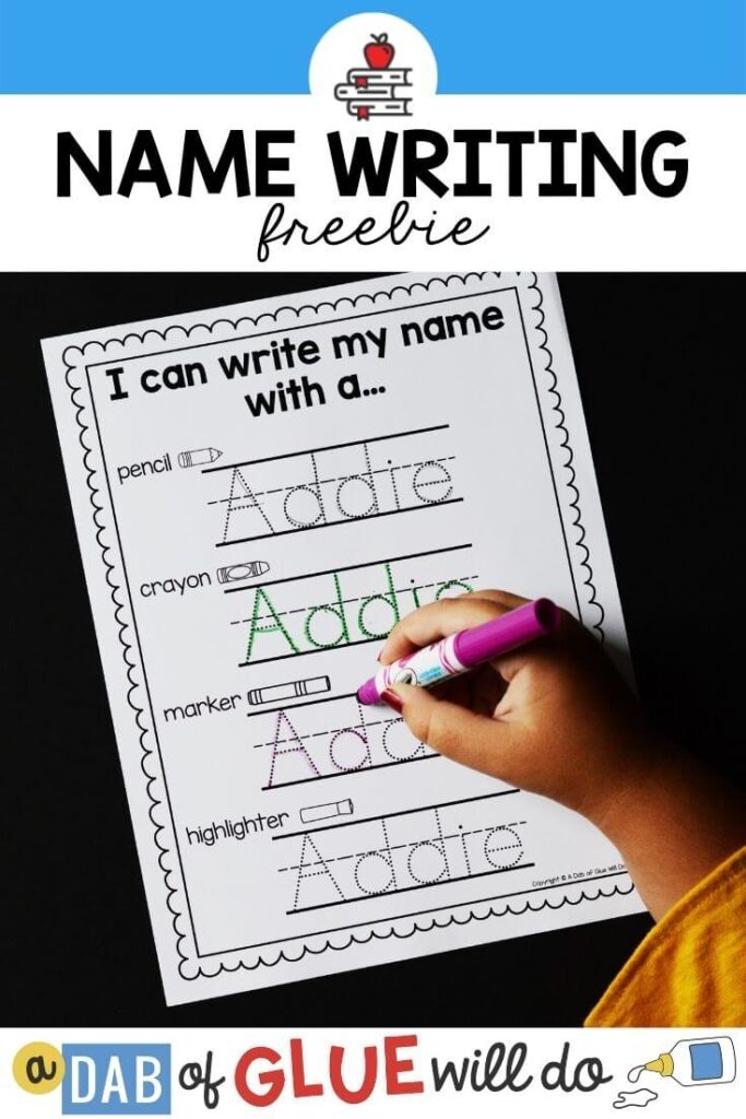 A hand using a purple marker to trace the name Addie on a paper that states "I can write my name with a..." and has the name written four times, along with the words "pencil, crayon, marker, and highlighter."
