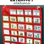 A red pocket chart with cards that read rotation 1-4 going across the top, names of children going down the side, and cards with the name of the literacy stations across the middle.