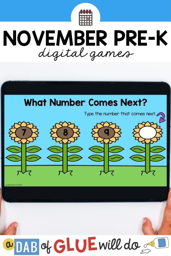 Digital game for prek what number comes next on flowers 7,8,9